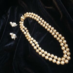 Vintage Marvella Pearl Double Strand Choker+Earrings Set; Diamond Accents; 1960s